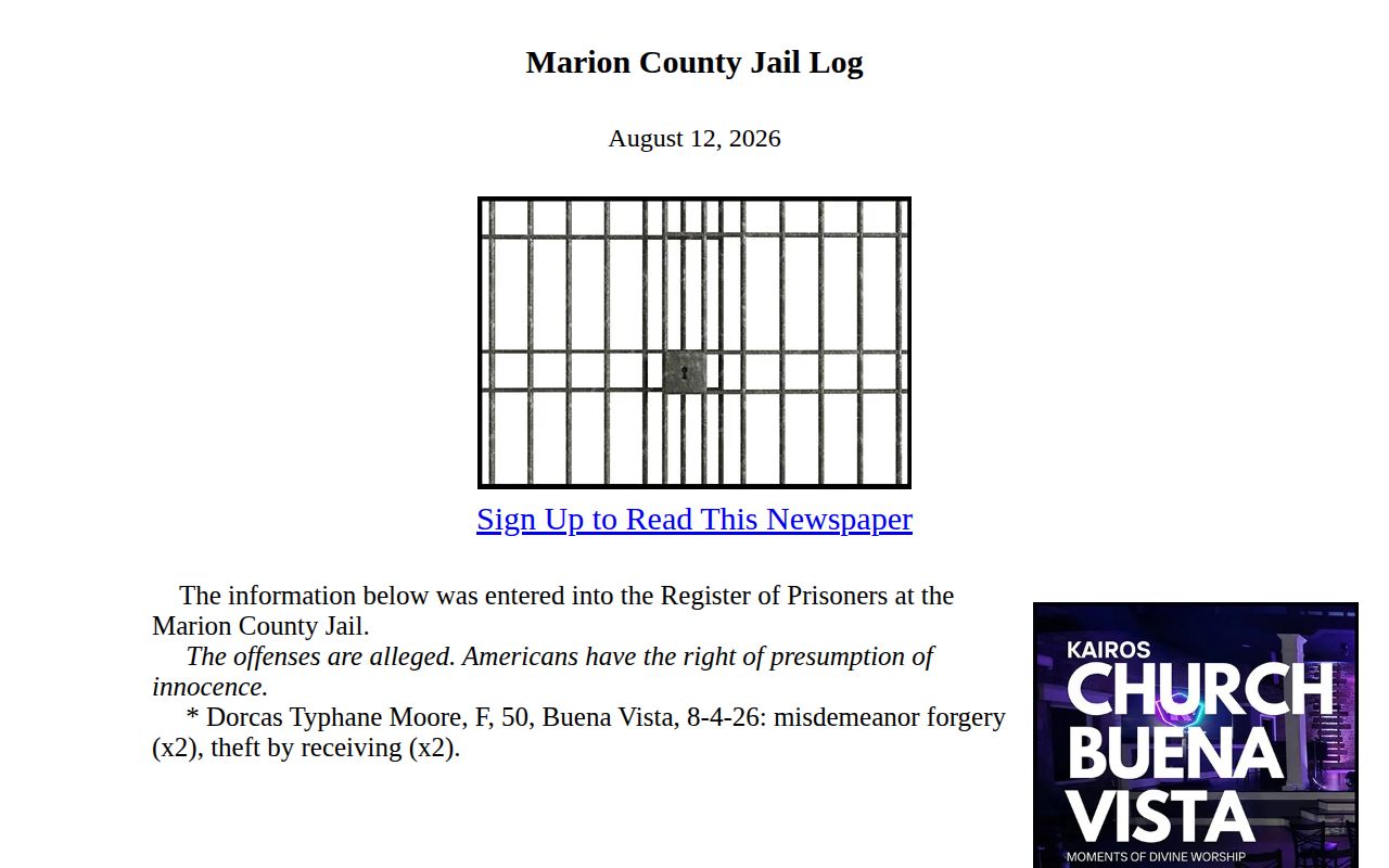 Buena Vista local Marion County Jail Log preview for alleged booking records
