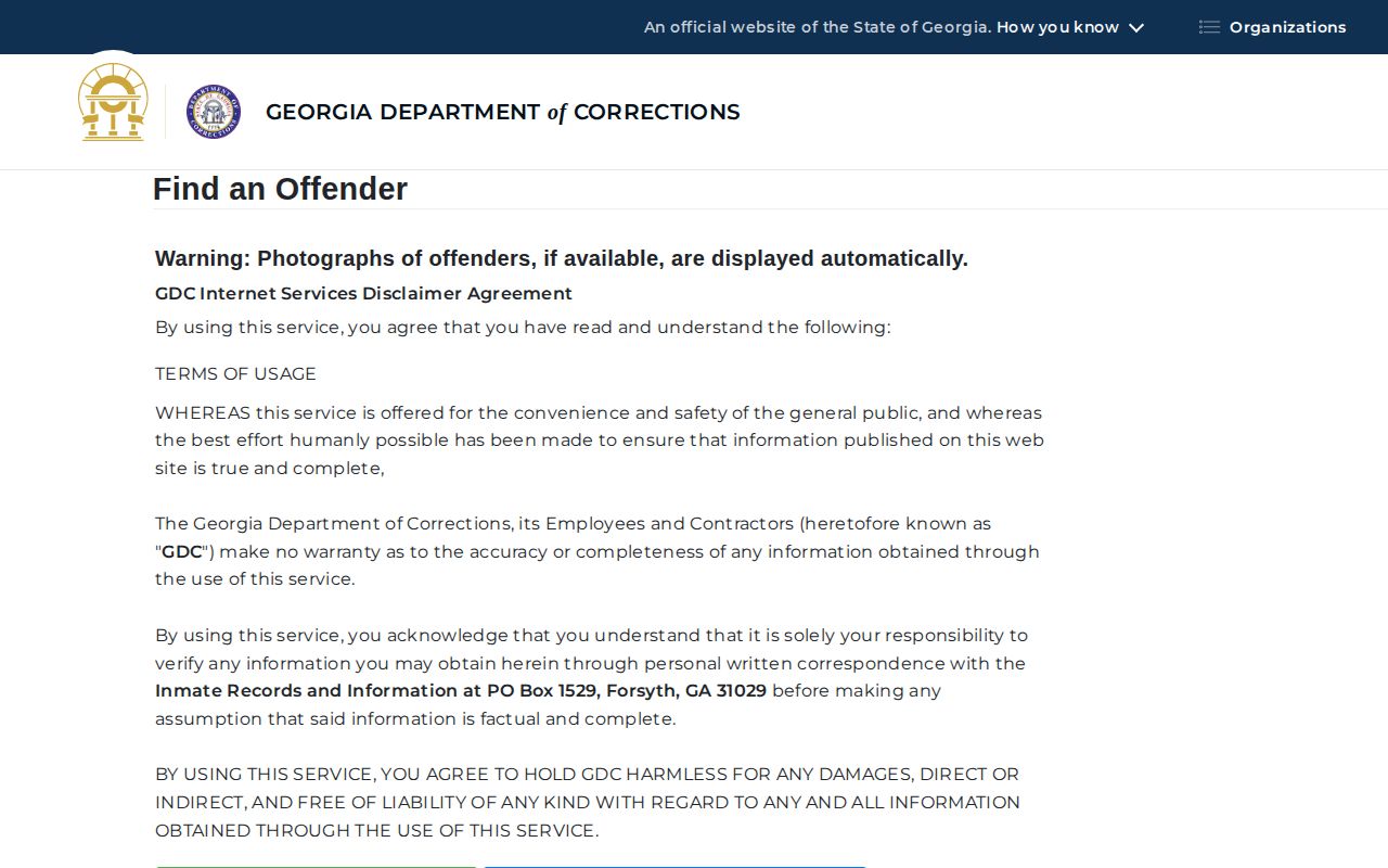 Georgia Department of Corrections offender-search form for Marion County state custody records