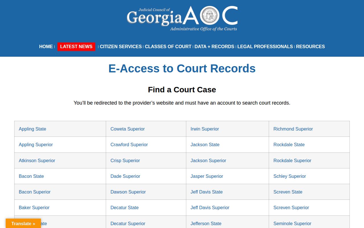 Georgia Courts e-access entry point for Marion County criminal case records